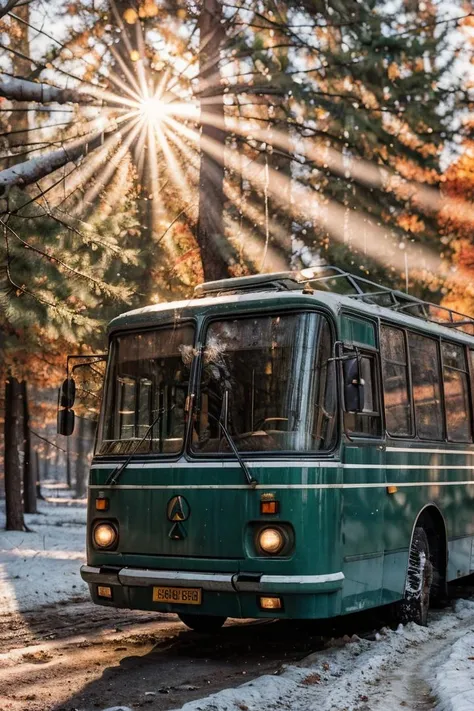 photo RAW,(gel40bo,(autumn:1.3),(1980s:1.3),(old Russia:1.2) landscape,(Light green parking bus on A snowy winter wonderland with icicles and pine trees),sunrays,(bokeh:1.3) <lora:gelios40bokeh_v2:0.5> <lora:laz695:0.7>, dusty atmospheric haze, high quality textures of materials, volumetric textures, coating textures, metal textures, (natural colors, correct white balance, color correction, dehaze,clarity)), masterpiece, award winning photography, natural light, perfect composition, high detail, hyper realistic,lens flare,Timeless Elegance, Classic Tones, Refined Lighting, depth of field,sharp focus, dark theme <lora:lowra_v10:0.06>