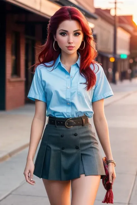 photo of arianagrande-1760:0.99, ((cowboy shot, waist, hips, thighs):1.2), (walking, school yard, sunrise), lipstick, ((school uniform, collared shirt, miniskirt)),(red hair),((city street, nighttime)), (best quality) ((detailed eyes, detailed face, detailed skin):1.2), smile, natural light, (masterpiece:1.2) (photorealistic:1.2) (best quality) (intricate details) (8k) (HDR) (cinematic lighting) (sharp focus), (looking at the camera:1.1), hoop earrings