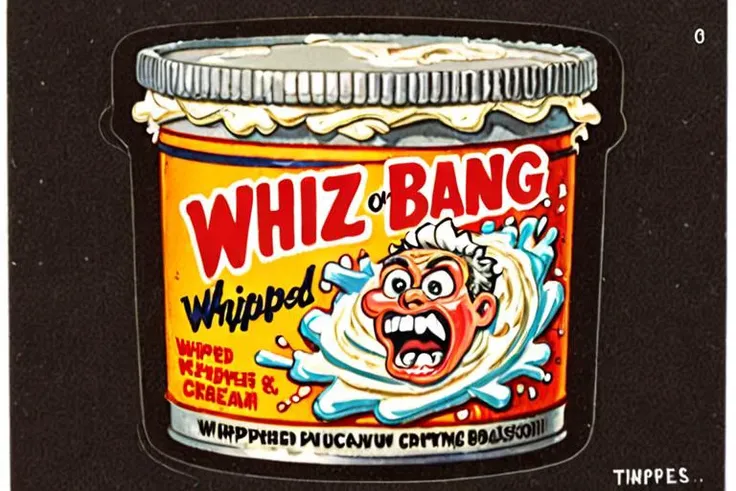 Sticker of a barrel of
Whiz-Bang Whipped Cream Explosion
, Wacky Packages Style
<lora:Wacky_Packages_TOPPS_Style_XL>
{ Bland-O's Tasteless Cereal|
Snail-O's Escargot in a Can|
Shriekin' Shampoo for Scream-Queen Hair|
Grumblestiltskin's Pickled Grouch Gherkins|
Clamouflage Invisible Seafood Chowder|
Quacktastic Duck Tape for Beak Repairs|
Crunchy Munchkins Leprechaun-Sized Snack|
Noodle-Noodle Brain-Teaser Pasta|
Bizarro Baked Beans, the Musical Fruit|
Icy Hot Sauce, Fire and Frost in Every Bite
Fizz Bang Boom Cola|
Giggles Galore Nitro-Powered Laughter|
Gummy Tummy Tornado|
Whiz-Bang Whipped Cream Explosion|
a {stick|wand|rod} of Hocus-Pocus Hiking Stick|
Zap-Tastic Lightning Bolt Jam|
Loony Balloony Inflatable Popcorn|
Gobbledy Goo Monster Slime|
Whatchamacallit Whoopee Cushion Gummies|
Quirky Quencher Absurdity Elixir}
, Wacky Packages Style
<lora:Wacky_Packages_TOPPS_Style_XL>