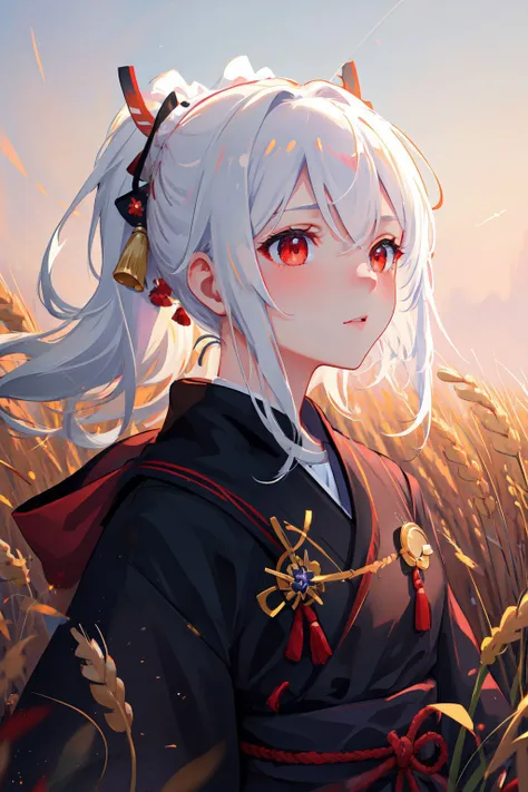 super resolution, super detailed, ultra detailed, masterpiece, best quality, 1girl, portrait, white hair, ponytail, red eyes, samurai, wheat landscape, sun, clouds, (neutral colors), (hdr:1.3)