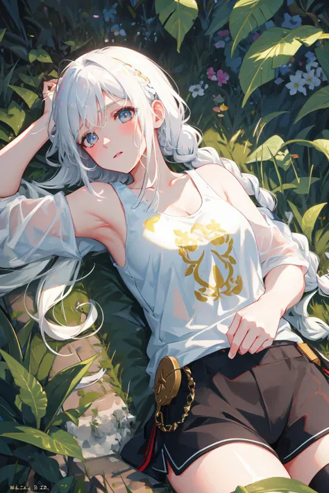 super resolution, super detailed, ultra detailed, masterpiece, best quality, 1 girl, white hair braided, lying at coach, tank top, vegetation, (neutral colors), (hdr:1.3)