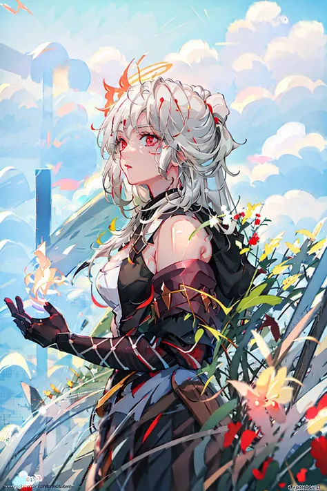 super resolution, super detailed, ultra detailed, masterpiece, best quality, 1girl, portrait, white hair, ponytail, red eyes, sun, clouds, <lora:signoraGenshinImpact_v25:0.9>(neutral colors), (hdr:1.3)