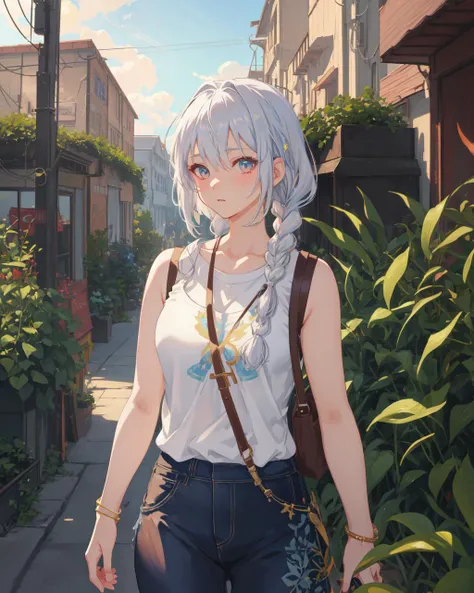 anime artwork breathtaking super resolution, super detailed, ultra detailed, masterpiece, best quality, 1 girl, white hair braided, tank top, vegetation, (neutral colors), (hdr:1.3) . award-winning, professional, highly detailed . anime style, key visual, vibrant, studio anime, highly detailed