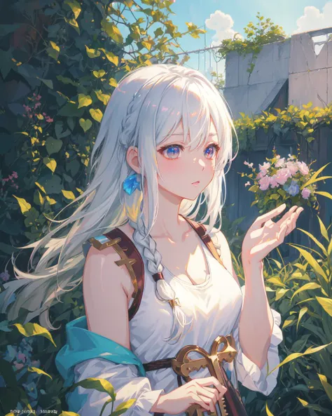 anime artwork breathtaking super resolution, super detailed, ultra detailed, masterpiece, best quality, 1 girl, white hair braided, tank top, vegetation, (neutral colors), (hdr:1.3) . award-winning, professional, highly detailed . anime style, key visual, vibrant, studio anime, highly detailed
