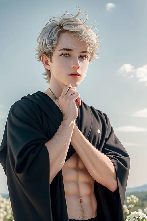 (best quality, masterpiece:1.3), 1boy, pose, particle, wind, flower, upper body, simple background, looking at viewer, focus on face, blonde, silver hair, light blue eyes, black robe, soft light,