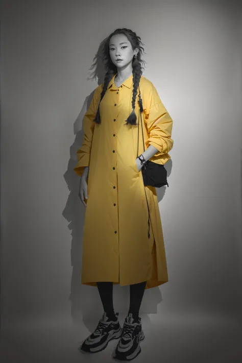 (a woman in a yellow coat holding a cell phone), (monochrome), sketch, (hand well), (finger well), (long braided hair), (bangs), with in frame, ultra-detailed, 8k, masterpiece, beautiful detailed face, (volumetric lighting), beautiful detailed eyes, (ambient light), realistic shadows, (1girl), (close up shot), looking at viewer, perfect body, body well:1, leg well:1, arm well:1