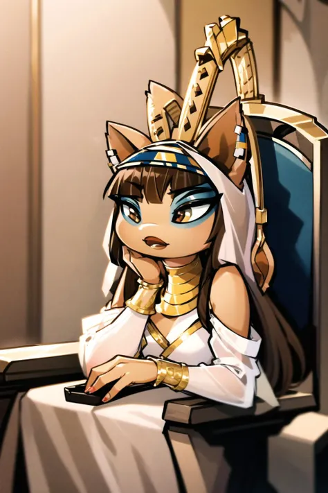(extremely detailed CG:1.2),(8k:1.1),(perfect lighting,best quality,highres:1.1), amira, 1girl, solo, long hair, bangs, brown hair, dress, animal ears, bare shoulders, sitting, detached sleeves, white dress, makeup, furry, head rest, furry female, throne, egyptian, <lora:Amira-000014:1>