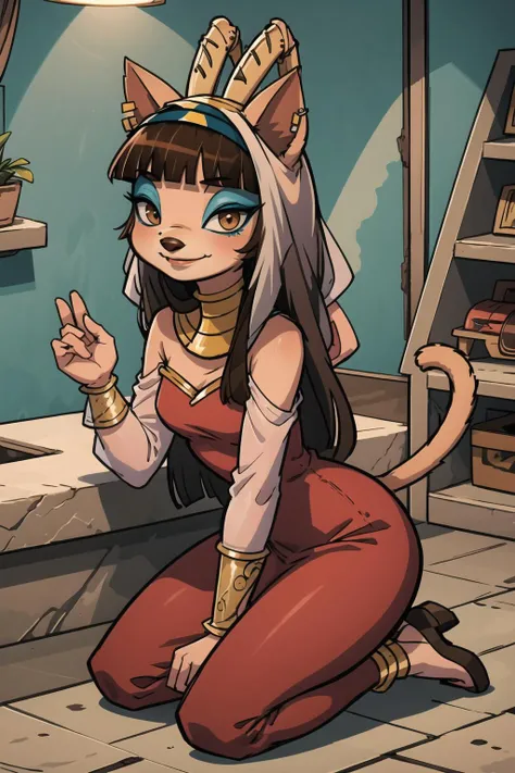 best quality, ultra-detailed, illustration, amira, 1girl, furry female, solo, looking at viewer, long hair, blunt bangs, brown hair, antennae, cat ears, dark skin, brown eyes, red dress, jewelry, makeup, small nose, praying, kneeling, smile, closed mouth, tail, cinematic lighting, egyptian, <lora:Amira5-000008:0.8>