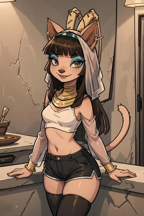 best quality, ultra-detailed, illustration, amira, 1girl, furry female, solo, looking at viewer, long hair, blunt bangs, brown hair, antennae, cat ears, dark skin, brown eyes, black crop top, shorts, thighhighs, jewelry, makeup, small nose, cowboy shot, smile, closed mouth, tail, cinematic lighting, egyptian <lora:Amira5-000008:0.8>