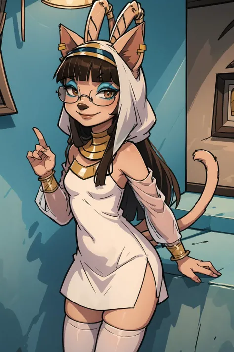 best quality, ultra-detailed, illustration, amira, 1girl, furry female, solo, looking at viewer, long hair, blunt bangs, brown hair, antennae, cat ears, dark skin, glasses, streetwear, thighhighs, jewelry, makeup, small nose, cowboy shot, smile, closed mouth, tail, cinematic lighting, egyptian <lora:Amira5-000008:0.8>