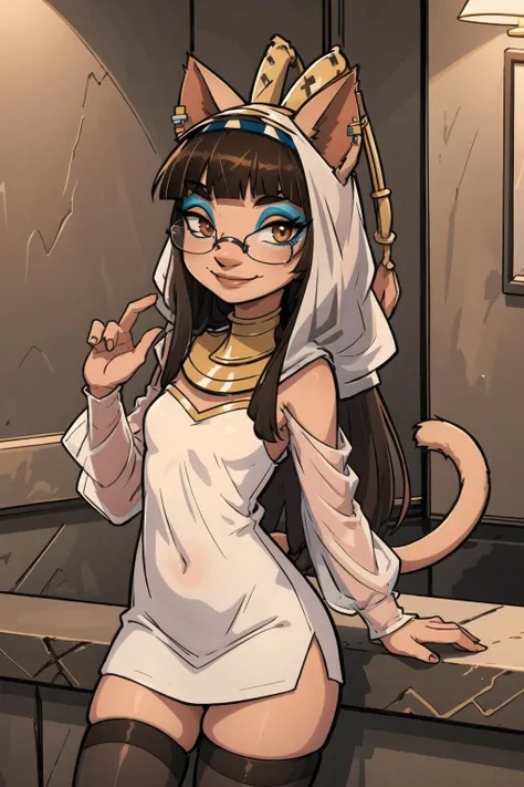 best quality, ultra-detailed, illustration, amira, 1girl, furry female, solo, looking at viewer, long hair, blunt bangs, brown hair, antennae, cat ears, dark skin, glasses, streetwear, thighhighs, jewelry, makeup, small nose, cowboy shot, smile, closed mouth, tail, cinematic lighting, egyptian <lora:Amira5-000008:0.8>