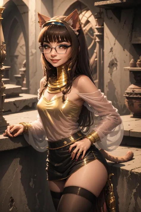 best quality, ultra-detailed, illustration, amira, 1girl, furry female, solo, looking at viewer, long hair, blunt bangs, brown hair, cat ears, dark skin, glasses, streetwear, black clothes, thighhighs, jewelry, makeup, small nose, cowboy shot, smile, closed mouth, tail, cinematic lighting, egyptian <lora:Amira5-000008:0.8>