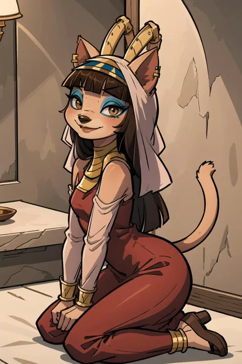 best quality, ultra-detailed, illustration, amira, 1girl, furry female, solo, looking at viewer, long hair, blunt bangs, brown hair, antennae, cat ears, dark skin, brown eyes, red dress, jewelry, makeup, small nose, praying, kneeling, smile, closed mouth, tail, cinematic lighting, egyptian, <lora:Amira5-000008:0.8>