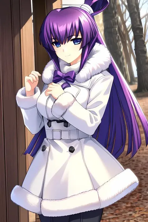 koubuin yuuhi, 1girl, masterpiece, best quality, coat, fur coat, fur collar, fur trim, smile, white coat, forest, trees, winter, <lora:Koubuin_Yuuhi-15:0.7>