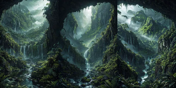 (otherworldly), highly insanely detailed, masterpiece, top quality, best quality, highres, 4k, 8k, RAW photo, (very aesthetic, beautiful and aesthetic), rforest, rainforest, sunshine, closeup, moss, mountain, landscape, cloudy sky, river, stream, 
cforest, cave, colorful_stone, 
<lora:rforest-V1:0.8>, (fantasy world)âââ