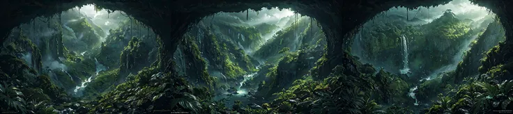 (otherworldly), highly insanely detailed, masterpiece, top quality, best quality, highres, 4k, 8k, RAW photo, (very aesthetic, beautiful and aesthetic), rforest, rainforest, sunshine, closeup, moss, mountain, landscape, cloudy sky, river, stream, 
cforest, cave, colorful_stone, 
<lora:rforest-V1:1>, (fantasy world)âââ