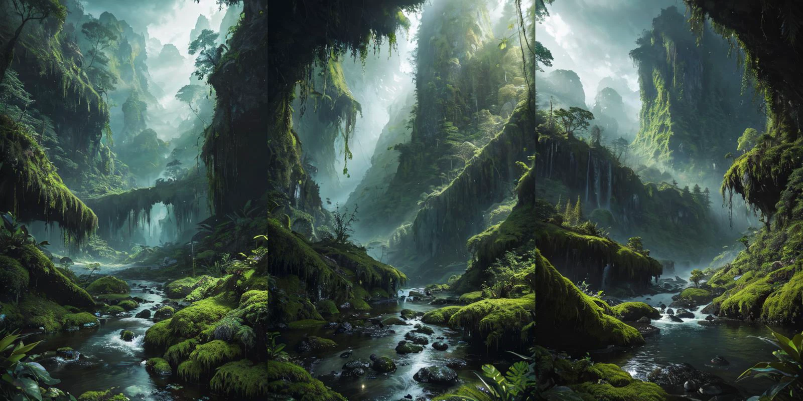 (otherworldly), highly insanely detailed, masterpiece, top quality, best quality, highres, 4k, 8k, RAW photo, (very aesthetic, beautiful and aesthetic), rforest, rainforest, sunshine, closeup, moss, mountain, landscape, cloudy sky, river, stream,
cforest, cave, colorful_stone,
<lora:rforest-V1:0.3>, (fantasy world)âââ
