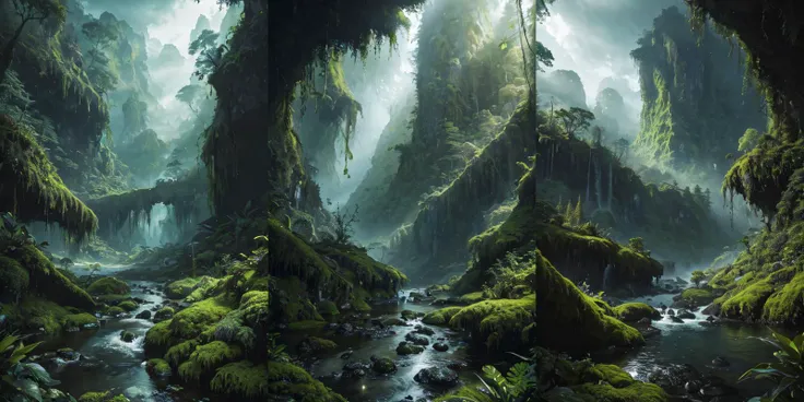 (otherworldly), highly insanely detailed, masterpiece, top quality, best quality, highres, 4k, 8k, RAW photo, (very aesthetic, beautiful and aesthetic), rforest, rainforest, sunshine, closeup, moss, mountain, landscape, cloudy sky, river, stream, 
cforest, cave, colorful_stone, 
<lora:rforest-V1:0.3>, (fantasy world)âââ