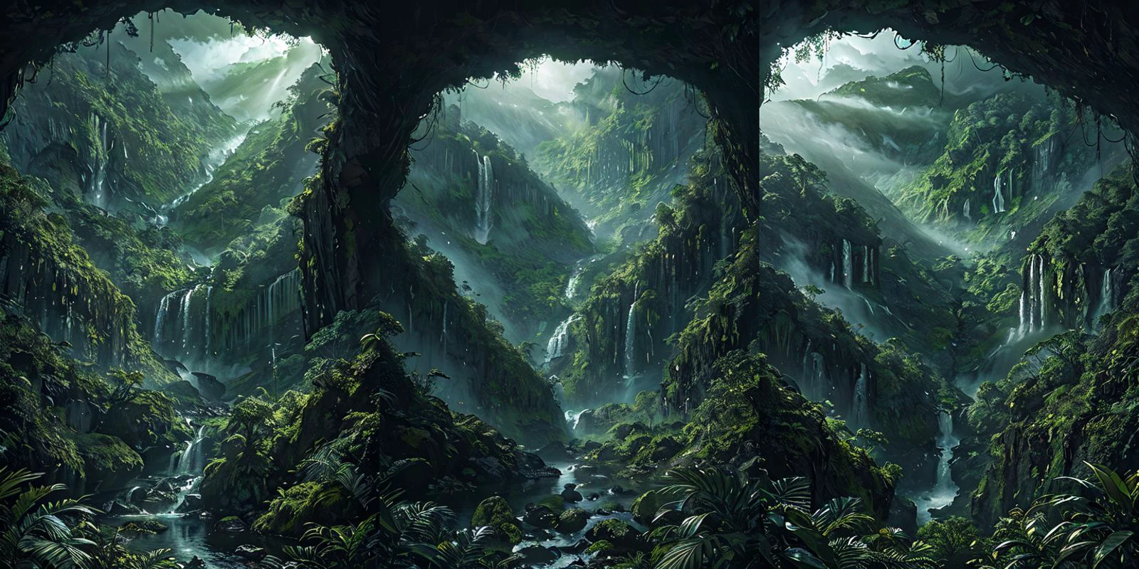 (otherworldly), highly insanely detailed, masterpiece, top quality, best quality, highres, 4k, 8k, RAW photo, (very aesthetic, beautiful and aesthetic), rforest, rainforest, sunshine, closeup, moss, mountain, landscape, cloudy sky, river, stream,
cforest, cave, colorful_stone,
<lora:rforest-V1:1>, (fantasy world)âââ