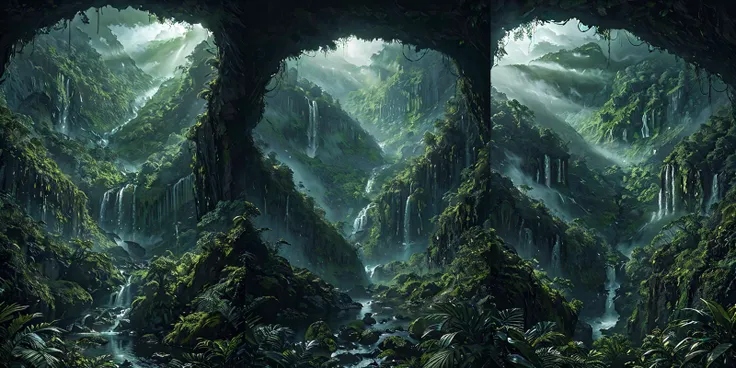 (otherworldly), highly insanely detailed, masterpiece, top quality, best quality, highres, 4k, 8k, RAW photo, (very aesthetic, beautiful and aesthetic), rforest, rainforest, sunshine, closeup, moss, mountain, landscape, cloudy sky, river, stream, 
cforest, cave, colorful_stone, 
<lora:rforest-V1:1>, (fantasy world)âââ