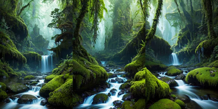 (otherworldly), highly insanely detailed, masterpiece, top quality, best quality, highres, 4k, 8k, RAW photo, (very aesthetic, beautiful and aesthetic), rforest, rainforest, sunshine, closeup, moss, mountain, landscape, cloudy sky, river, stream, 
cforest, cave, colorful_stone, 
<lora:rforest-V1:0>, (fantasy world)âââ