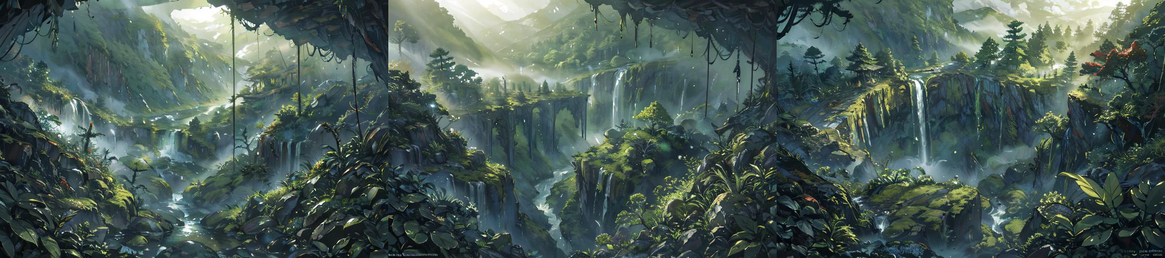 (otherworldly), highly insanely detailed, masterpiece, top quality, best quality, highres, 4k, 8k, RAW photo, (very aesthetic, beautiful and aesthetic), rforest, rainforest, sunshine, closeup, moss, mountain, landscape, cloudy sky, river, stream,
cforest, cave, colorful_stone,
<lora:rforest-V1:0.8>, (fantasy world)âââ