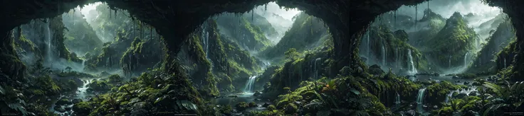 (otherworldly), highly insanely detailed, masterpiece, top quality, best quality, highres, 4k, 8k, RAW photo, (very aesthetic, beautiful and aesthetic), rforest, rainforest, sunshine, closeup, moss, mountain, landscape, cloudy sky, river, stream, 
cforest, cave, colorful_stone, 
<lora:rforest-V1:0.7>, (fantasy world)âââ