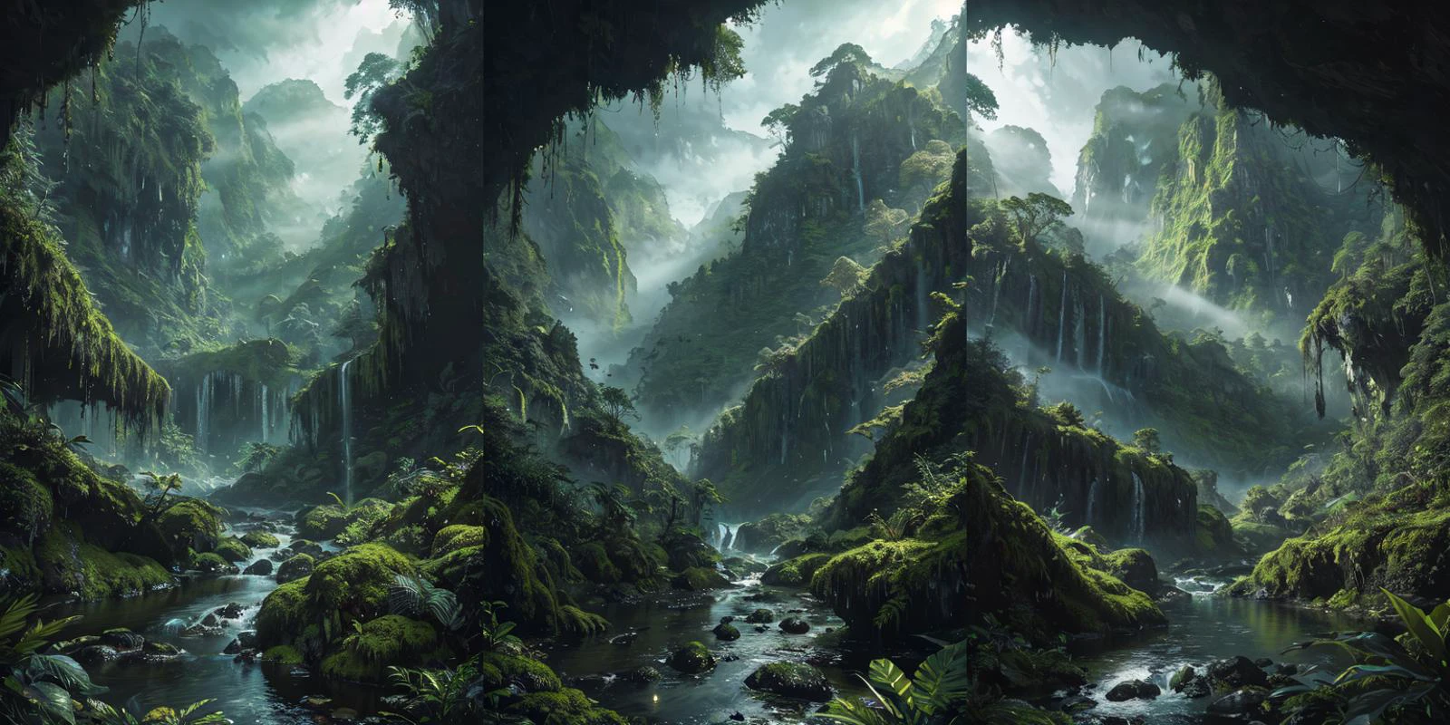 (otherworldly), highly insanely detailed, masterpiece, top quality, best quality, highres, 4k, 8k, RAW photo, (very aesthetic, beautiful and aesthetic), rforest, rainforest, sunshine, closeup, moss, mountain, landscape, cloudy sky, river, stream,
cforest, cave, colorful_stone,
<lora:rforest-V1:0.5>, (fantasy world)âââ