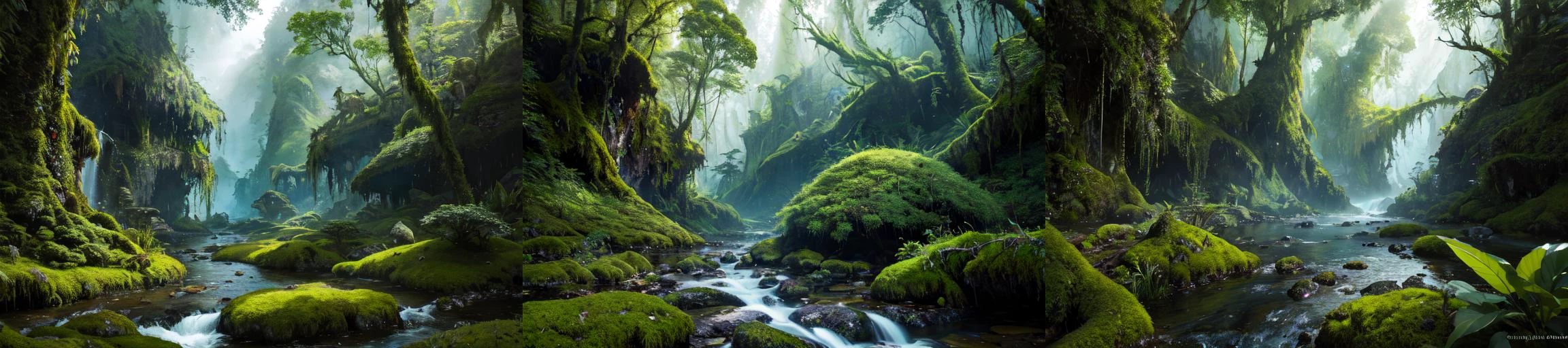 (otherworldly), highly insanely detailed, masterpiece, top quality, best quality, highres, 4k, 8k, RAW photo, (very aesthetic, beautiful and aesthetic), rforest, rainforest, sunshine, closeup, moss, mountain, landscape, cloudy sky, river, stream,
cforest, cave, colorful_stone,
<lora:rforest-V1:0>, (fantasy world)âââ