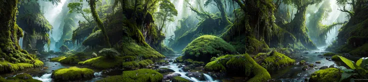 (otherworldly), highly insanely detailed, masterpiece, top quality, best quality, highres, 4k, 8k, RAW photo, (very aesthetic, beautiful and aesthetic), rforest, rainforest, sunshine, closeup, moss, mountain, landscape, cloudy sky, river, stream, 
cforest, cave, colorful_stone, 
<lora:rforest-V1:0>, (fantasy world)âââ