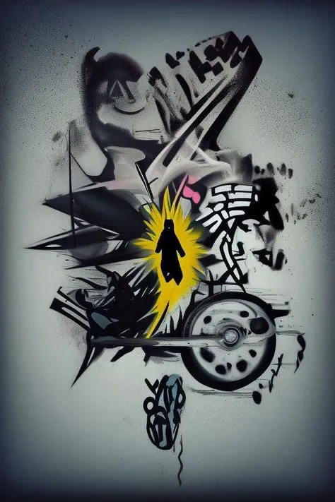 creates in black shadow and black background a minimalist full-length stencil illustration of an elegant and beautiful 50s pinup woman in a tight graffiti punk outfit, face tattoos, jumping on a skateboard, kickflip, ollie, two colors,grayscale, negative space Only 2 colors, plain black background and shadows, stencil art, graffiti style "M477" graffiti, woman made of text, typography, made of "M477" graffiti, very busy detailed tag, graffiti "M477", typography, black and white "M477" "M477"