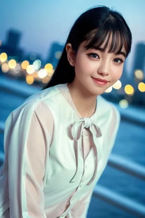 1girl,(wearing a pastel color blouse:1.2),(RAW photo, best quality), (realistic, photo-realistic:1.4), masterpiece, an extremely delicate and beautiful, extremely detailed, 2k wallpaper, Amazing, finely detail, extremely detailed CG unity 8k wallpaper, ultra-detailed, highres, soft light, beautiful detailed girl, extremely detailed eyes and face, beautiful detailed nose, beautiful detailed eyes,cinematic lighting,city lights at night,perfect anatomy,slender body,smiling  <lora:satohinata_lora:0.8>