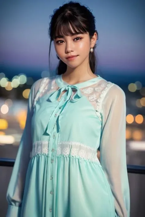 1girl,(wearing a pastel color blouse:1.2),(RAW photo, best quality), (realistic, photo-realistic:1.4), masterpiece, an extremely delicate and beautiful, extremely detailed, 2k wallpaper, Amazing, finely detail, extremely detailed CG unity 8k wallpaper, ultra-detailed, highres, soft light, beautiful detailed girl, extremely detailed eyes and face, beautiful detailed nose, beautiful detailed eyes,cinematic lighting,city lights at night,perfect anatomy,slender body,smiling  <lora:satohinata_lora:0.7>