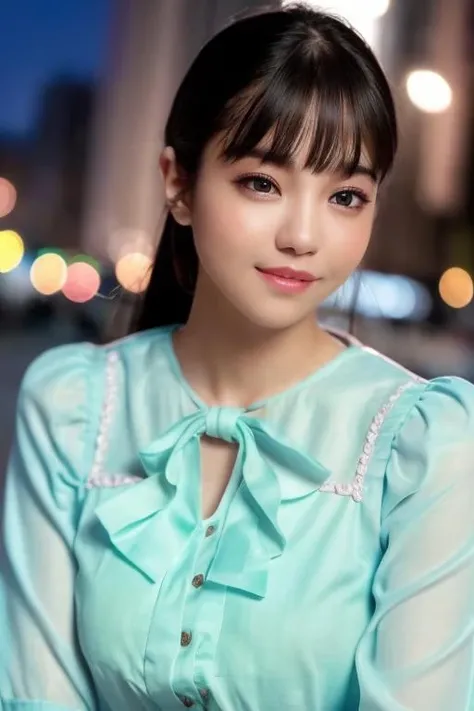1girl,(wearing a pastel color blouse:1.2),(RAW photo, best quality), (realistic, photo-realistic:1.4), masterpiece, an extremely delicate and beautiful, extremely detailed, 2k wallpaper, Amazing, finely detail, extremely detailed CG unity 8k wallpaper, ultra-detailed, highres, soft light, beautiful detailed girl, extremely detailed eyes and face, beautiful detailed nose, beautiful detailed eyes,cinematic lighting,city lights at night,perfect anatomy,slender body,smiling <lora:satohinata_lora:0.8>