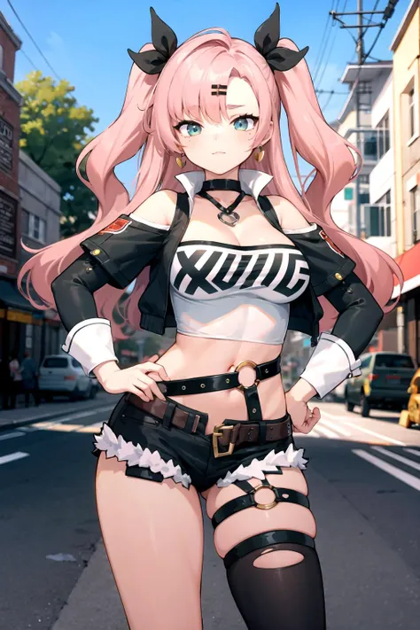 masterpiece, best quality, ultra-detailed, extremely detailed,illustration, 1girl, nicole demara, hair ribbon, hairclip, earrings, black collar, tube top, single thighhigh, short shorts, cropped jacket, belt, thigh strap, detached sleeves, doll, standing, hand on hip, cowboy shot, street, blue sky, <lora:Char-ZZZ-Nicole-V1:0.8>