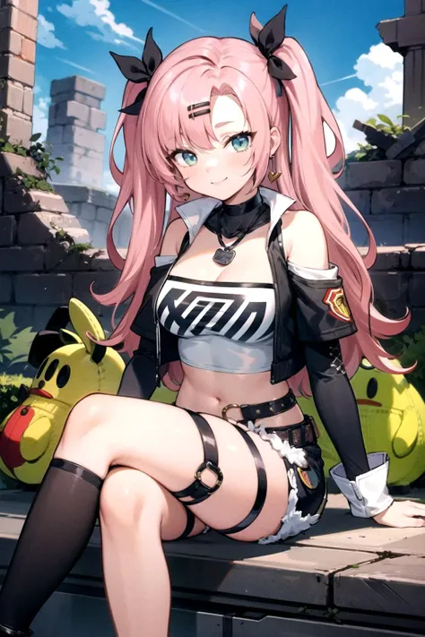 masterpiece, best quality, ultra-detailed, extremely detailed,illustration, 1girl, nicole demara, hair ribbon, hairclip, earrings, black collar, tube top, single thighhigh, short shorts, cropped jacket, belt, thigh strap, detached sleeves, doll, sitting, crossed legs, smile, cowboy shot, ruins, debris, blue sky, <lora:Char-ZZZ-Nicole-V1:0.8>