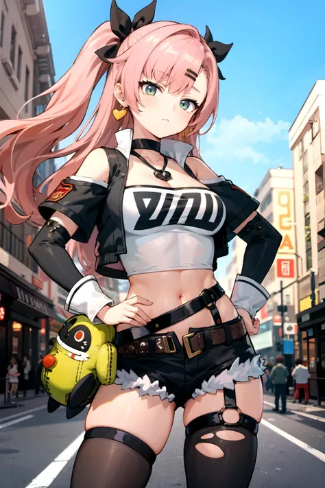 masterpiece, best quality, ultra-detailed, extremely detailed,illustration, 1girl, nicole demara, hair ribbon, hairclip, earrings, black collar, tube top, single thighhigh, short shorts, cropped jacket, belt, thigh strap, detached sleeves, doll, standing, hand on hip, cowboy shot, street, blue sky, <lora:Char-ZZZ-Nicole-V1:0.8>