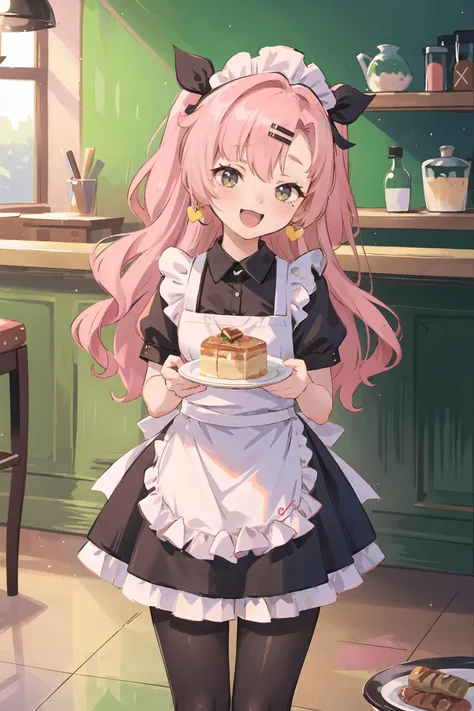 Himari Mei, masterpiece, , cute, flat chest, cute and shy smile, highly detailed sparkling brilliant purple eyes, open mouth slightly, standing in deluxe cake shop, Look back and see this, Holding a plate of cake in one hand, Photorealistic chocolate cake, Delicious-looking shortcakes, My Melody pouch