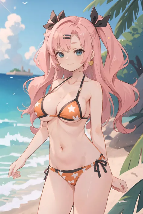 An embarrassed girl at the beach wearing a lace bikini which barely covers her up