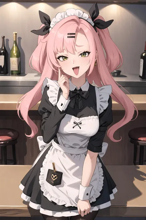 1girl, nicole demara, hair ribbon, hairclip, solo, maid, maid headdress, maid apron, smile, embarrassed, pantyhose, open mouth, smug, cowboy shot, bar \(place\), indoors, depth of field, smug, open mouth, looking at viewer, <lora:face-Smug:0.9> masterpiece, best quality, masterpiece