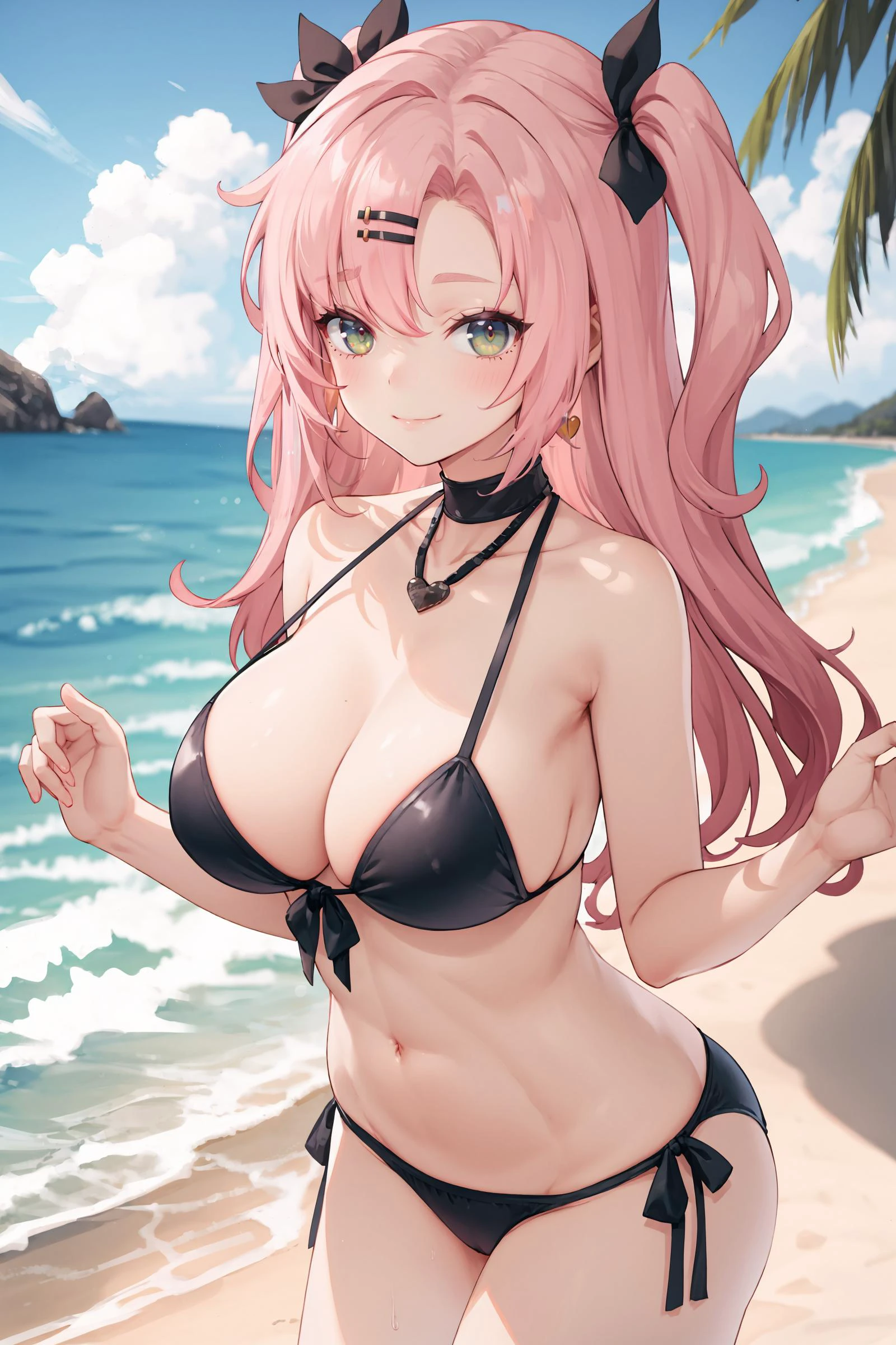 1girl, nicole demara, hair ribbon, hairclip, solo, bikini, large breasts, skindentation, outdoors, beach, depth of field, cowboy shot, depth of field, cowboy shot, smirk, masterpiece