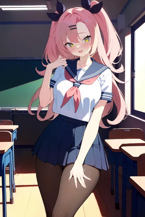 masterpiece, best quality, very aesthetic, ray tracing, newest, (hitenkei, askzy:0.4), 1girl, nicole demara, hair ribbon, hairclip, solo, serafuku, sailor collar, pleated skirt, pantyhose, no shoes, looking at viewer, light smile, cowboy shot, smile, open mouth, classroom, indoors, depth of field <lora:EnvyBetterHiresFixXL01:0:hr=2> <lora:Char-ZZZ-Nicole-XL-V1:0.9>