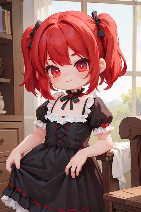 (masterpiece, best quality), 1girl, red hair, medium chest, gothic frill dress, pervert face, <lora:add_detail:1>