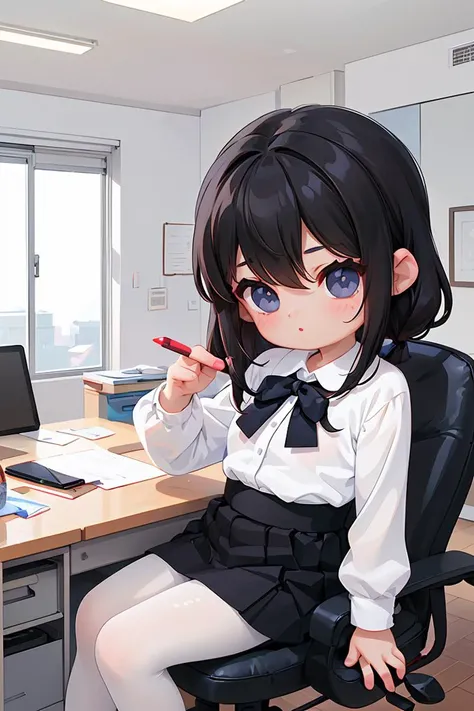 (masterpiece, best quality), a young black haired girl office secretary dressed in a transparent white blouse and black office skirt and black pantyhose ,sitting in an office chair, holding pencil, (detailed skin:1.3),(detailed eyes), (sharp focus), <lora:add_detail:1>