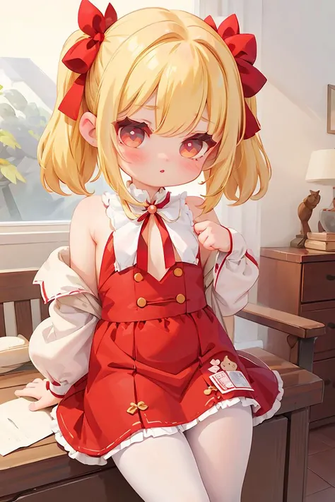 (masterpiece, best quality), 1girl, blonde hair, red dress, pantyhose, cute face, blush, <lora:add_detail:1>