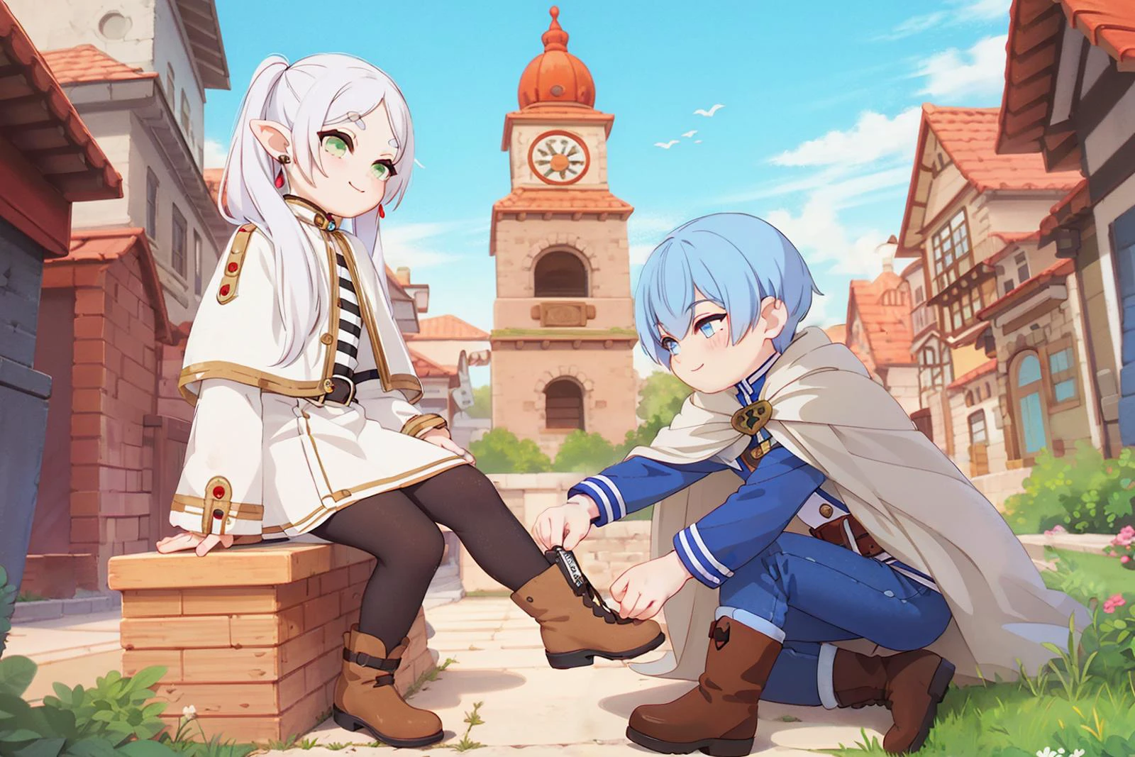 (a shoeshine boy is shining a girl's shoes), stepping box,
eye level, on side, ancient city, on street, city ââgate, clock tower,
smile, white cape, jacket, long sleeves, belt, blue pants, brown boots,
<lora:Himmel002:0.5>, Himmel,
long hair, white hair, parted bangs, twintails, green eyes, pointy ears, earrings, thick eyebrows, white capelet, striped shirt, long sleeves, belt, white skirt, black pantyhose, boots, smile,
<lora:Frieren002:0.5>, Frieren,
<lora:detail_slider_v4:1>,
<lora:more_details:0.2>,
<lora:GoodHands-vanilla:1>,