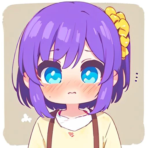 1 girl, Kanae Kouda, medium length straight purple hair, blue eyes, yellow scrunchie with white polka dots, blushing, <lora:Kanae_Kouda-01:1>