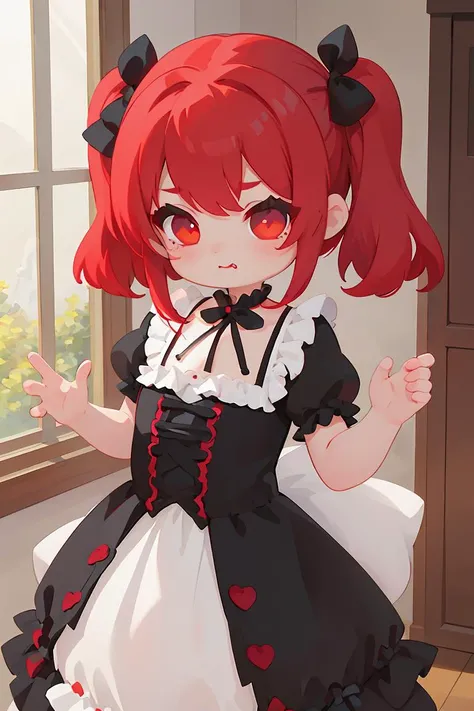 (masterpiece, best quality), 1girl, red hair, medium chest, gothic frill dress, pervert face,