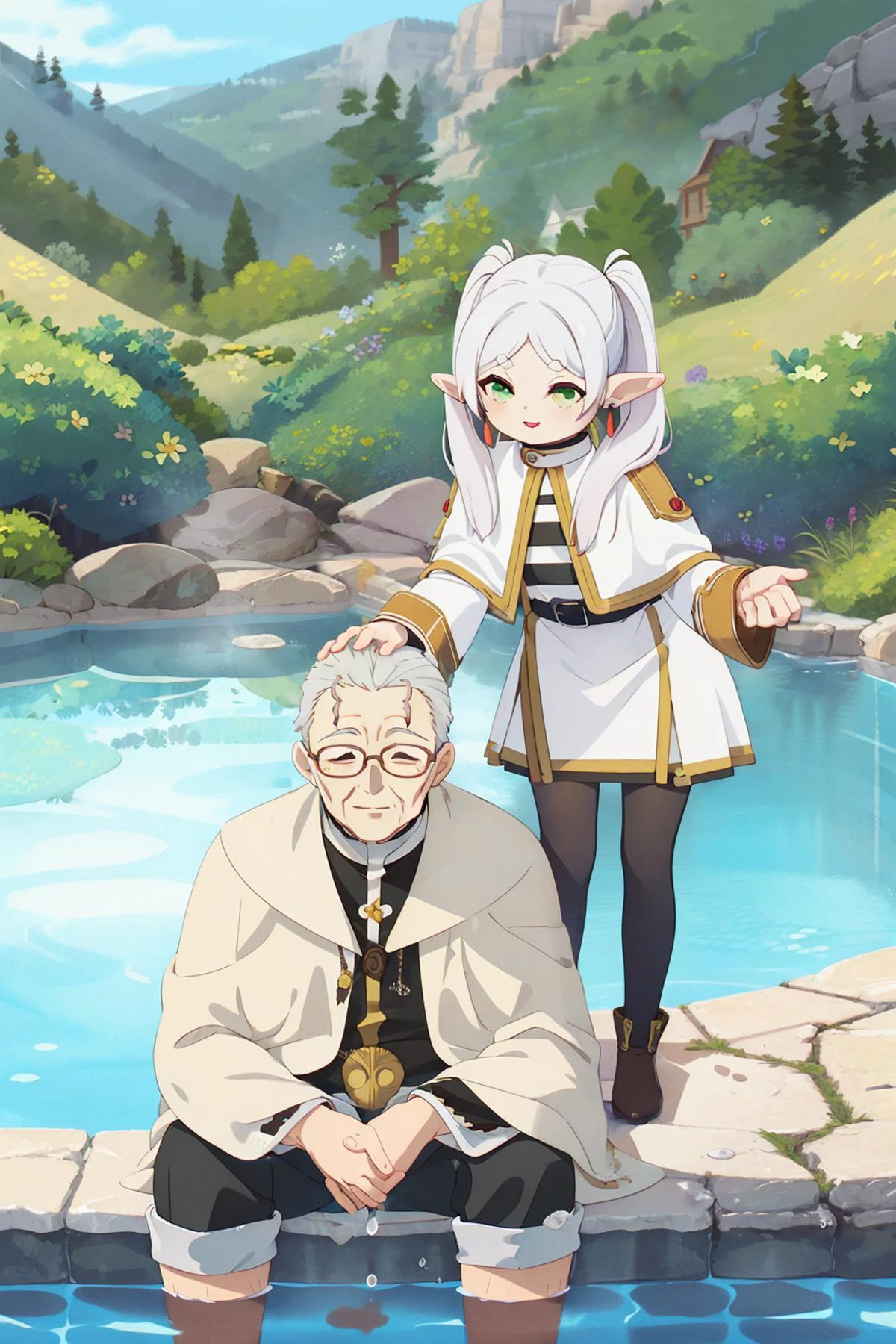 masterpiece, best quality, highres, 4K, 8K,
(a girl leans forward, reaches out and touches another old man's head),
outdoors, stone, hot spring, hot spring pool, smoke, steam,
white hair, short hair, glasses, closed eyes, closed mouth, smile, priest, (white robe, white:1.3) caplet,
sitting, both hands on own knees, (roll up trouser legs:1.3), (short pants:1.3), (soak own feet, calf:1.3),
<lora:Heiter001:0.5>, oldHeiter,
long hair, white hair, (parted bangs:1.2), twintails, green eyes, pointy ears, earrings, thick eyebrows, white capelet, striped shirt, long sleeves, belt, white skirt, black pantyhose, boots, smile,
<lora:Frieren002:0.5>, Frieren,
<lora:detail_slider_v4:1>,
<lora:more_details:0.2>,
<lora:GoodHands-vanilla:0.8>,