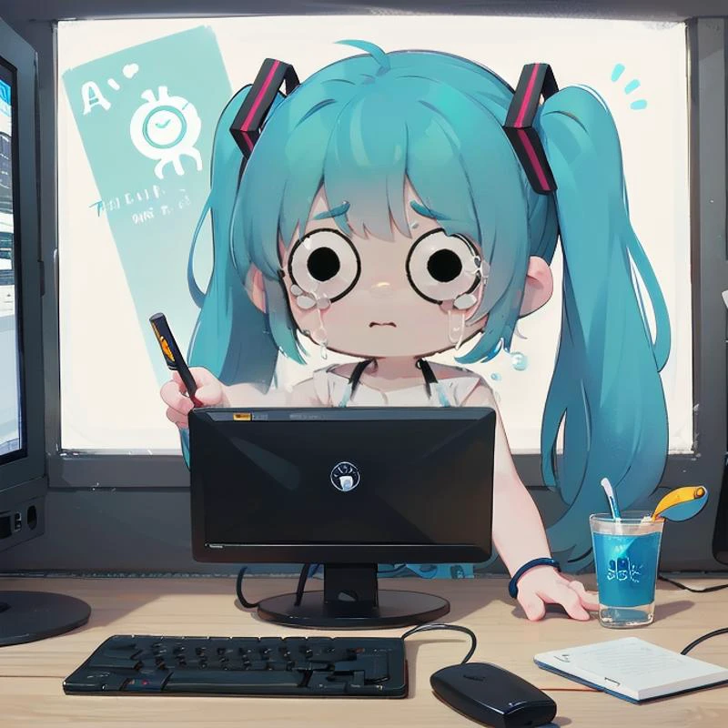a mini hatsune trying miku fixing a pc , o_o, <lora:hotarueye_comic4_v200:.5>